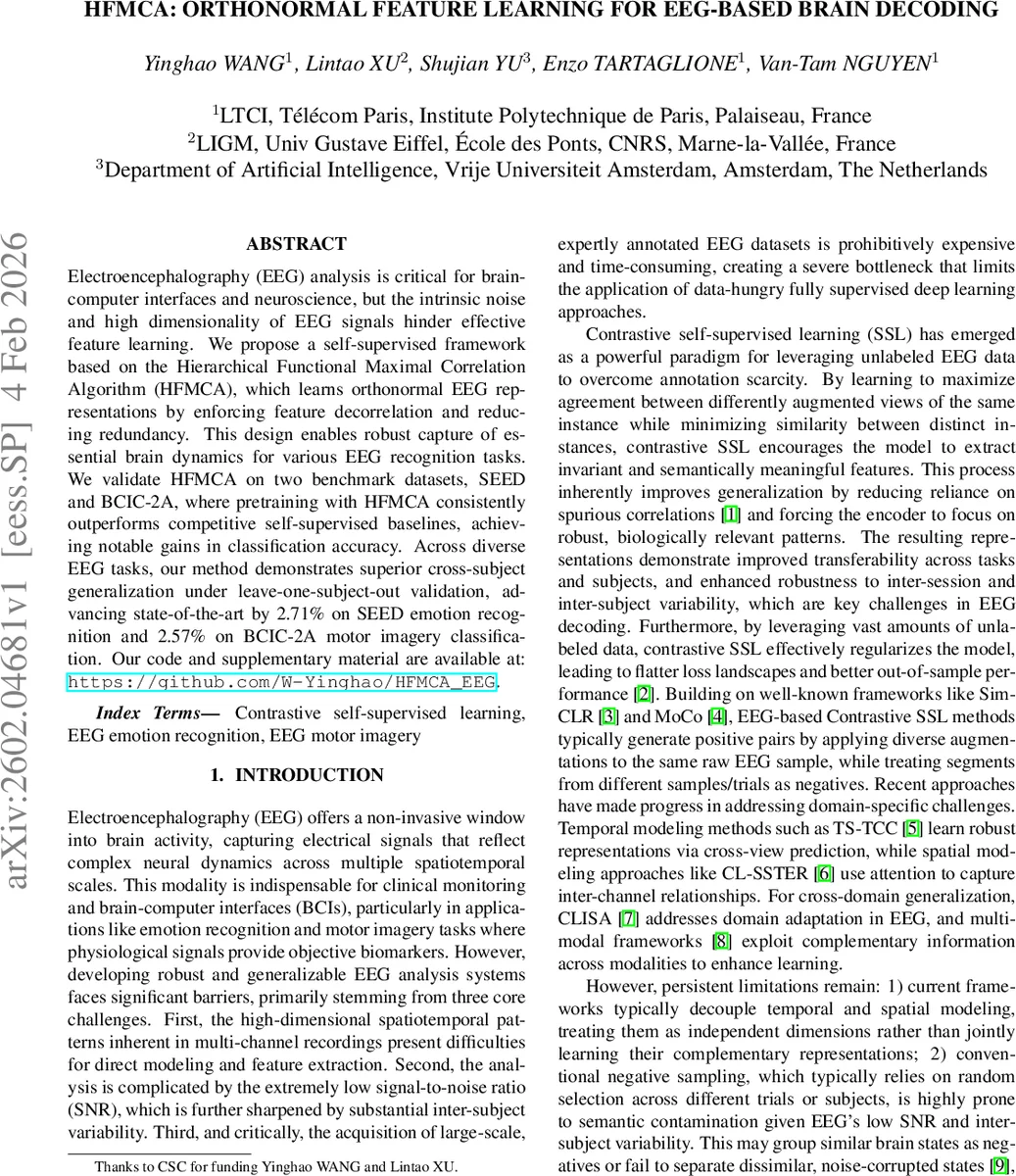 HFMCA: Orthonormal Feature Learning for EEG-based Brain Decoding
