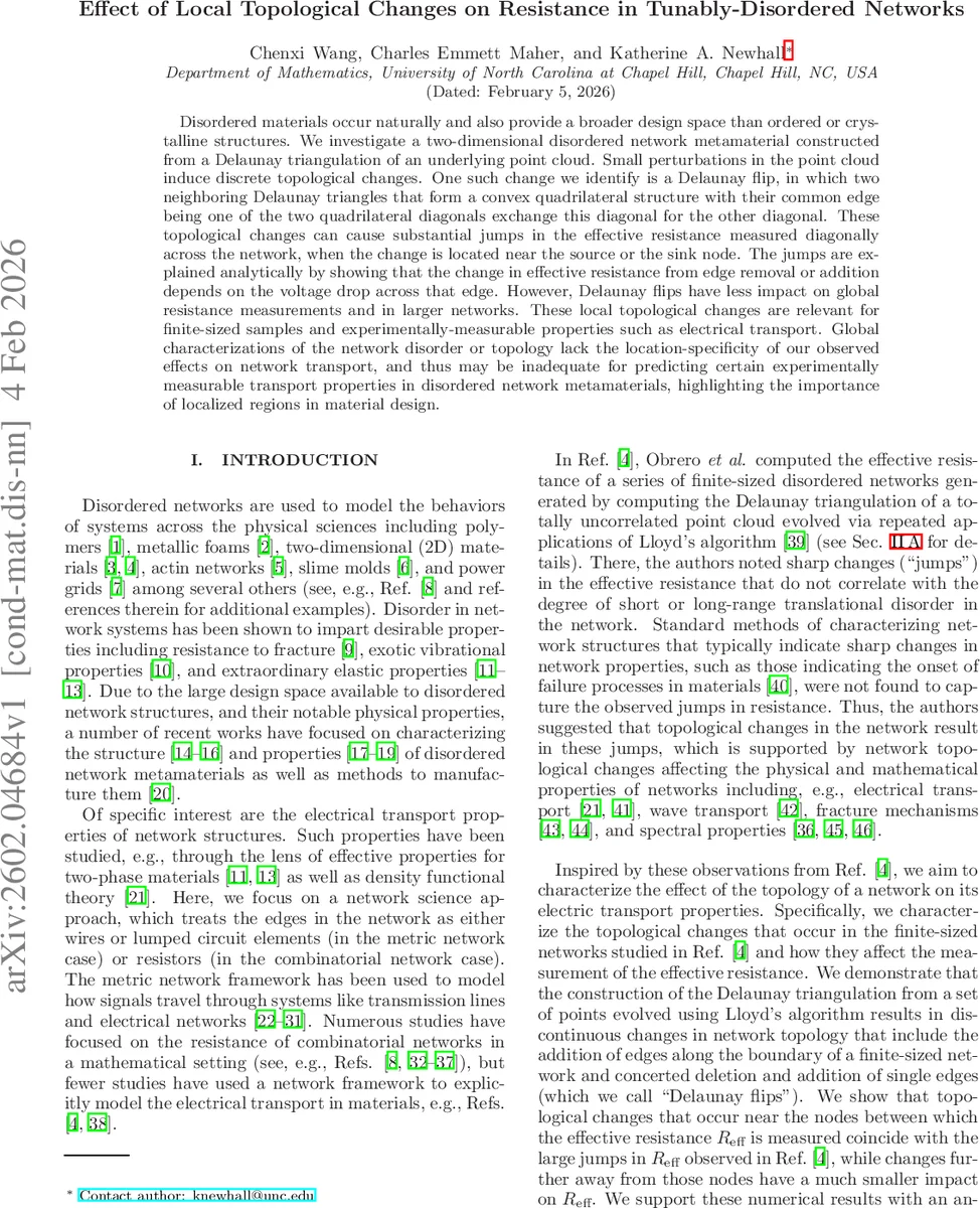 Effect of Local Topological Changes on Resistance in Tunably-Disordered Networks