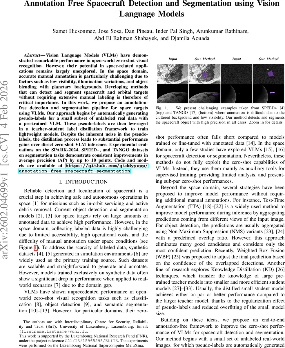 Annotation Free Spacecraft Detection and Segmentation using Vision Language Models