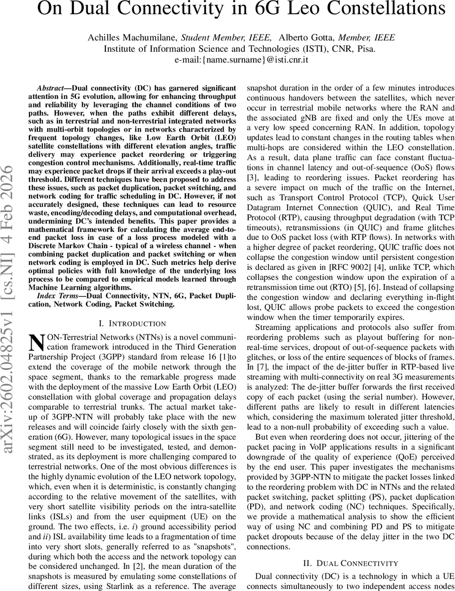 On Dual Connectivity in 6G Leo Constellations