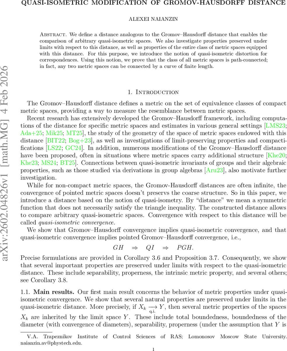 Quasi-isometric modification of Gromov-Hausdorff distance