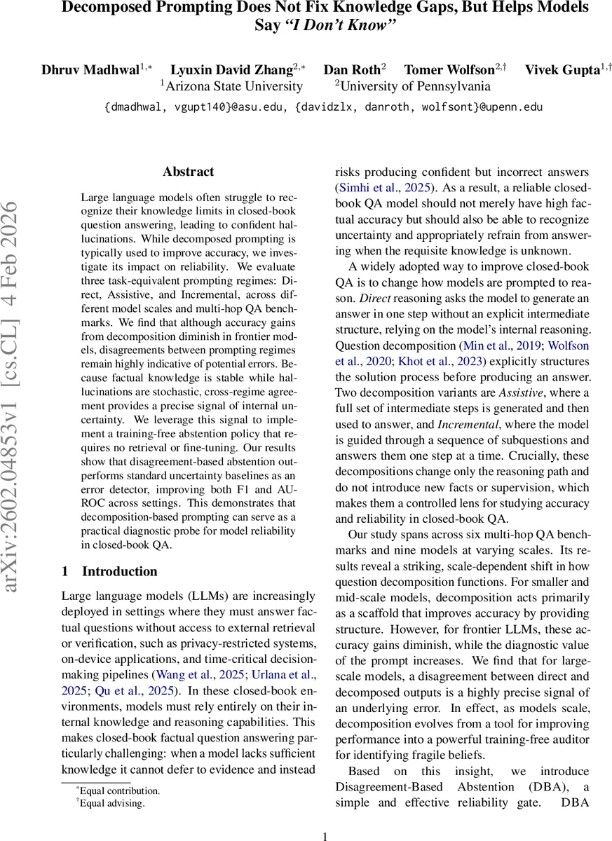 Decomposed Prompting Does Not Fix Knowledge Gaps, But Helps Models Say "I Don't Know"