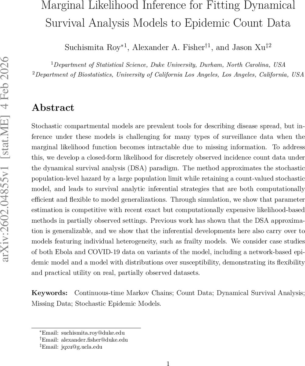 Marginal Likelihood Inference for Fitting Dynamical Survival Analysis Models to Epidemic Count Data