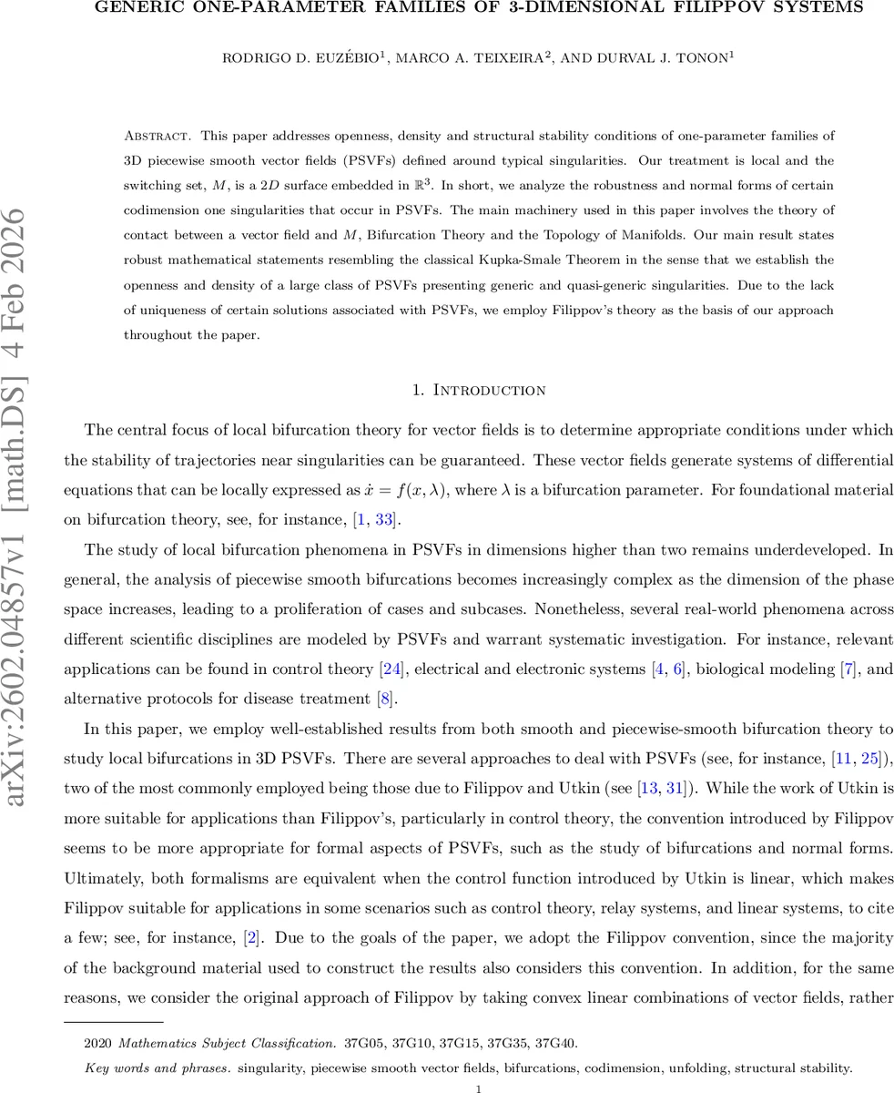 Generic one-parameter families of 3-dimensional Filippov Systems