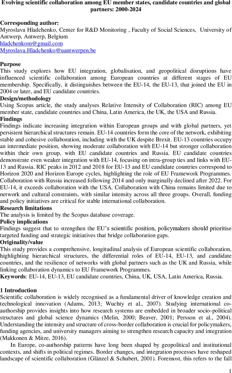Evolving scientific collaboration among EU member states, candidate countries and global partners: 2000-2024