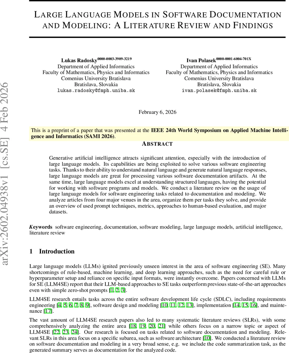 Large Language Models in Software Documentation and Modeling: A Literature Review and Findings