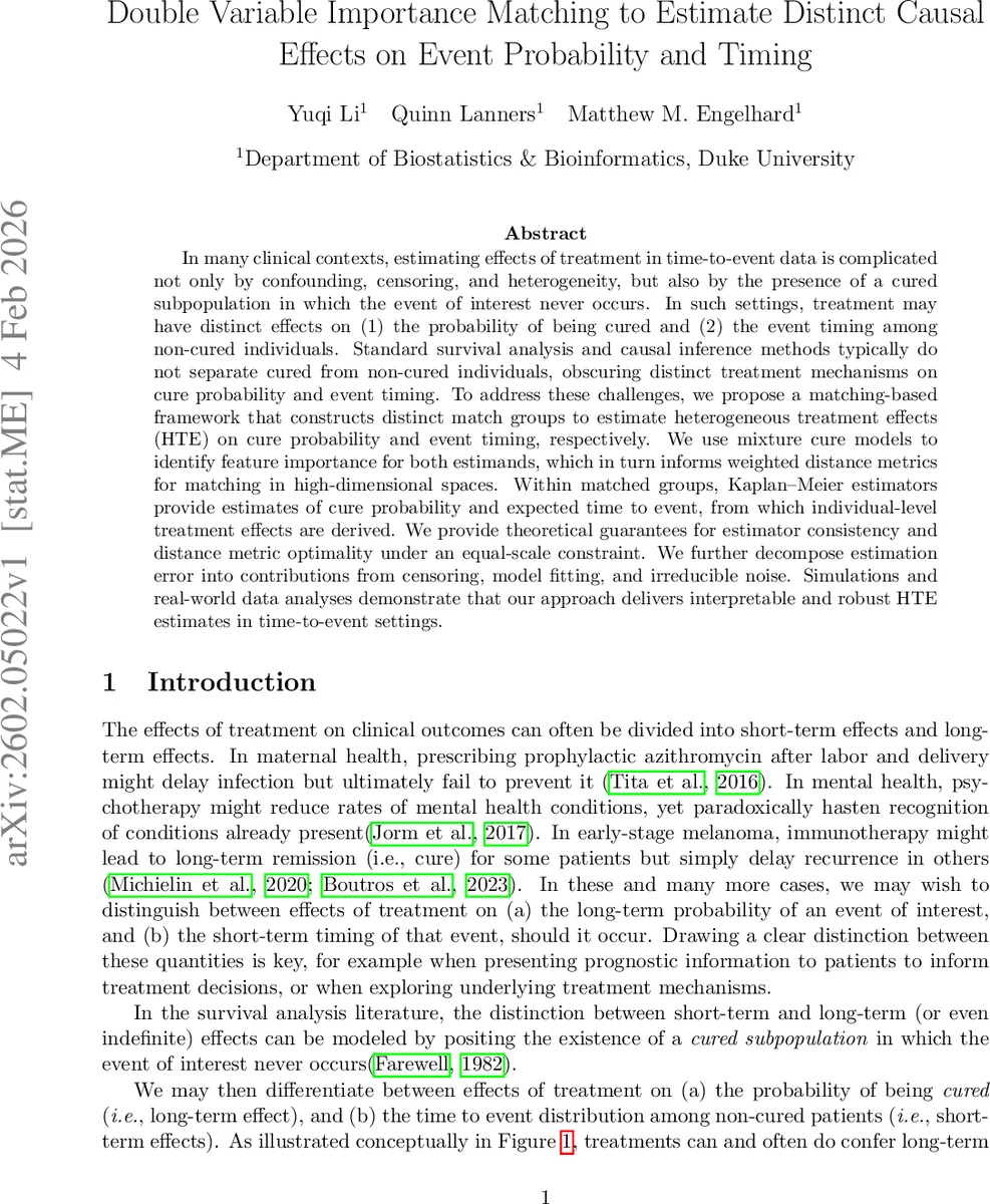 Double Variable Importance Matching to Estimate Distinct Causal Effects on Event Probability and Timing