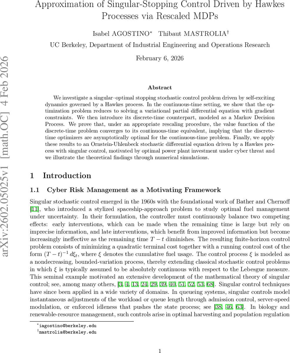 Approximation of Singular-Stopping Control Driven by Hawkes Processes via Rescaled MDPs