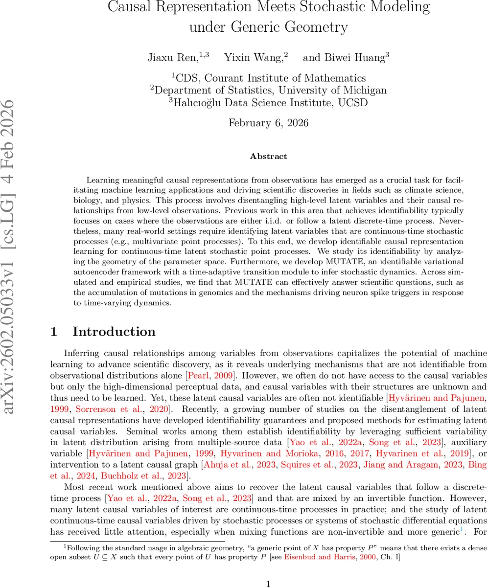 Causal Representation Meets Stochastic Modeling under Generic Geometry