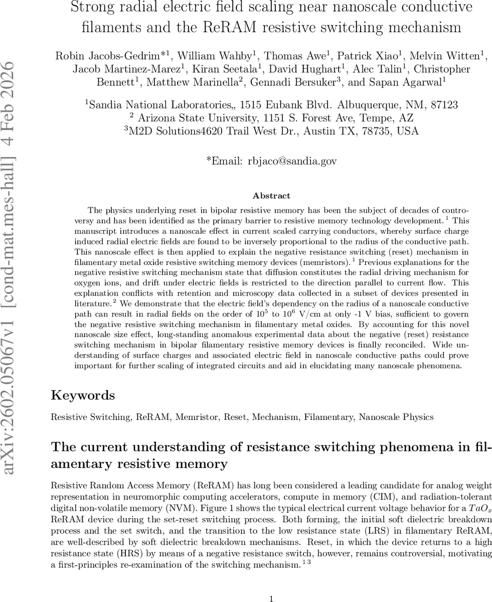 Strong radial electric field scaling near nanoscale conductive filaments and the ReRAM resistive switching mechanism