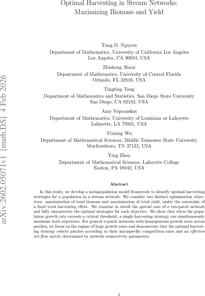 Optimal Harvesting in Stream Networks: Maximizing Biomass and Yield