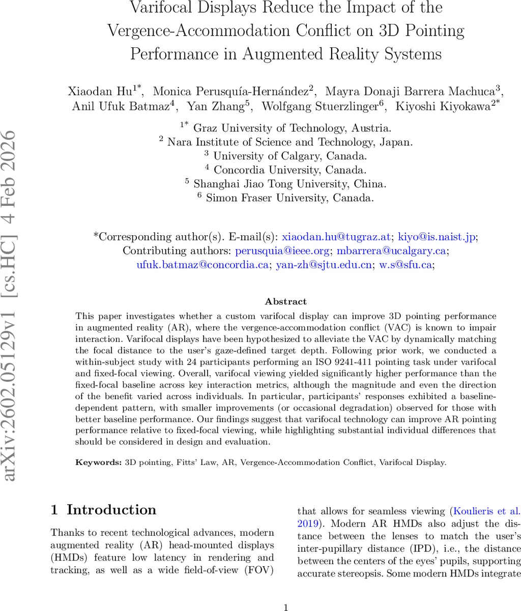 Varifocal Displays Reduce the Impact of the Vergence-Accommodation Conflict on 3D Pointing Performance in Augmented Reality Systems