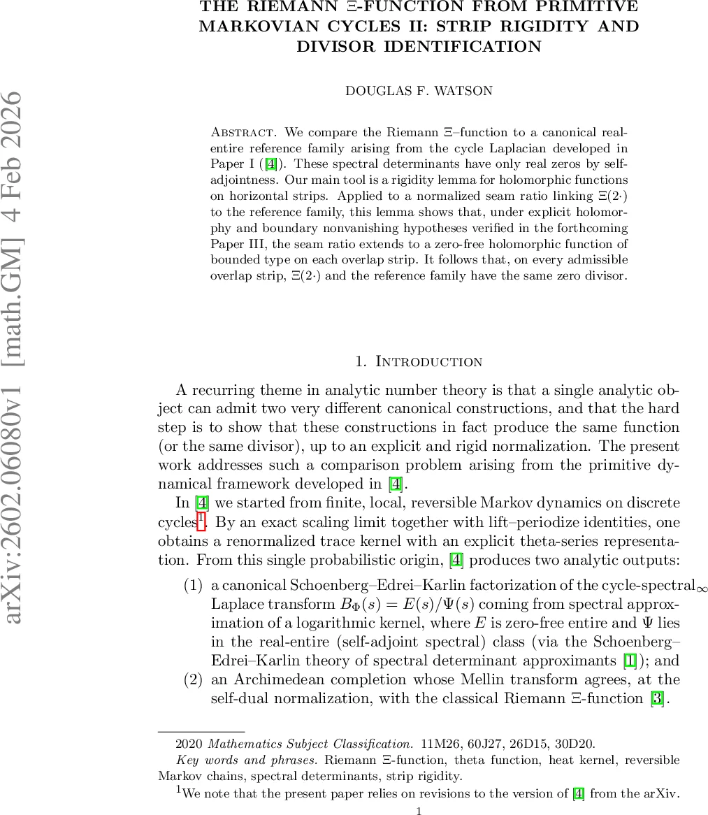 The Riemann $Ξ$-function from primitive Markovian cycles II: Strip rigidity and divisor identification