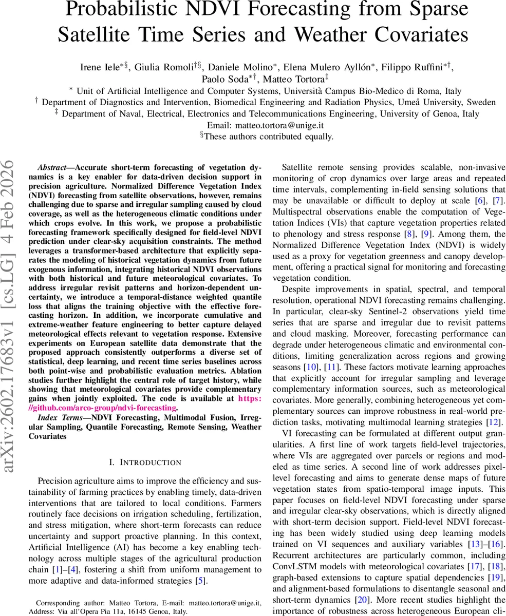 Probabilistic NDVI Forecasting from Sparse Satellite Time Series and Weather Covariates