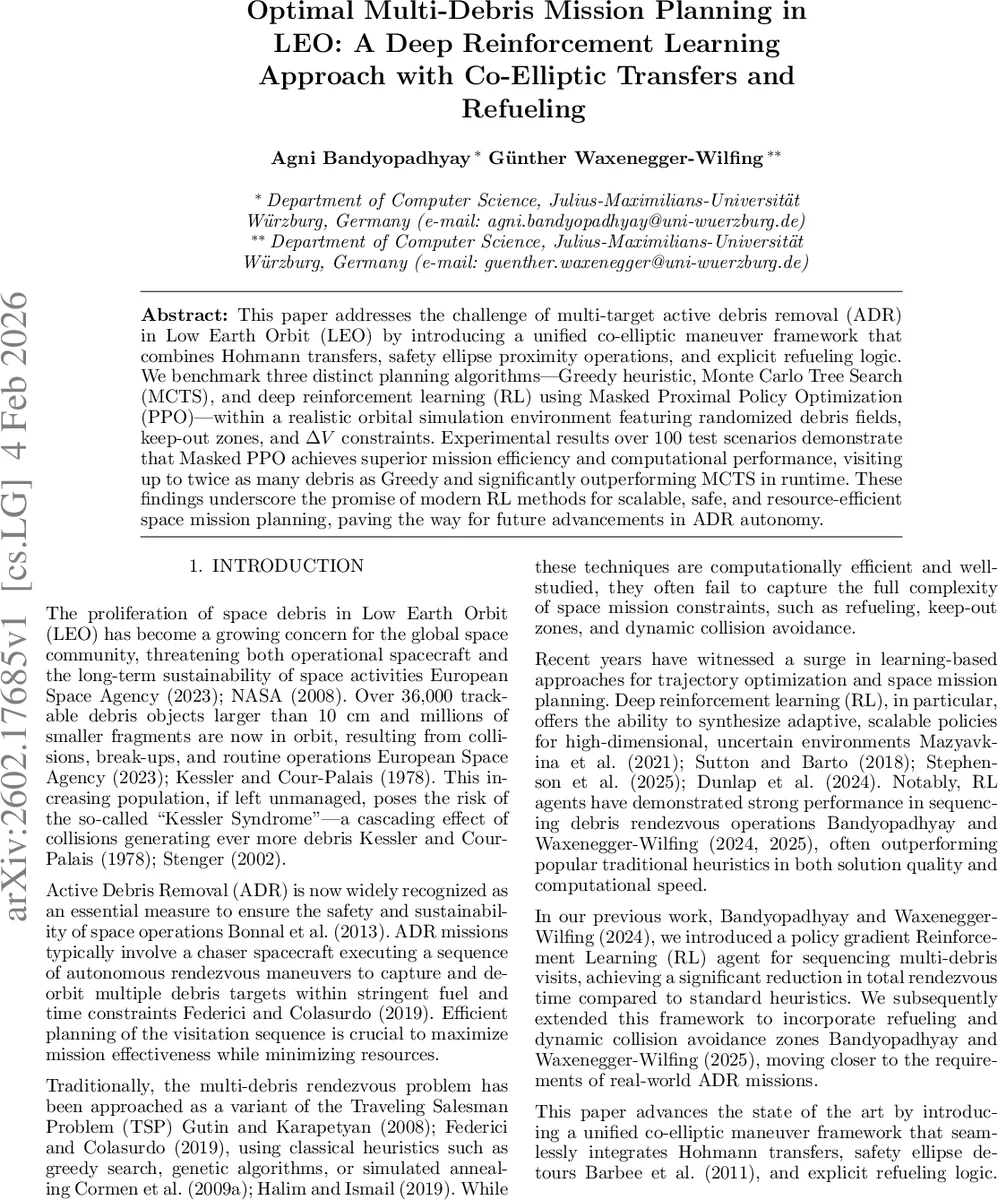 Optimal Multi-Debris Mission Planning in LEO: A Deep Reinforcement Learning Approach with Co-Elliptic Transfers and Refueling