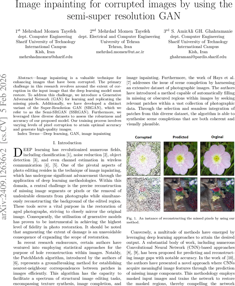 Image inpainting for corrupted images by using the semi-super resolution GAN