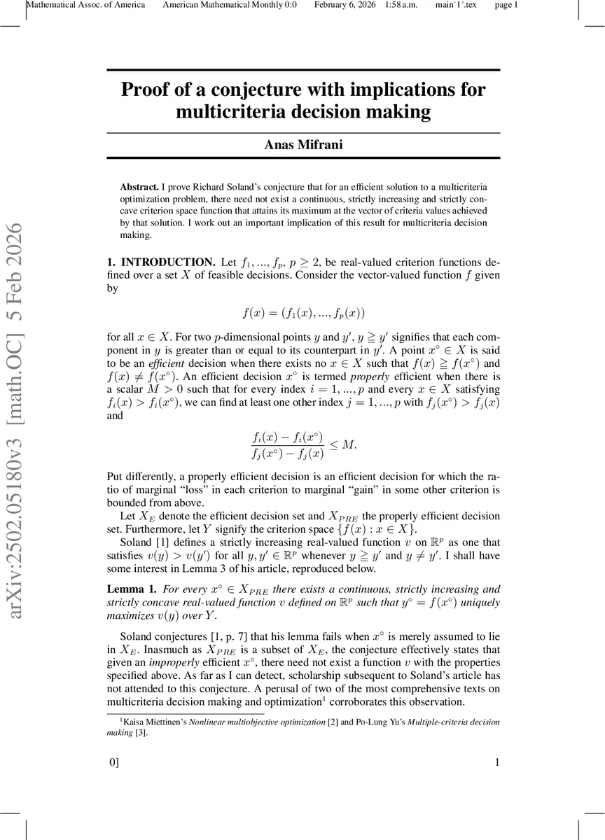 On a conjecture with implications for multicriteria decision making