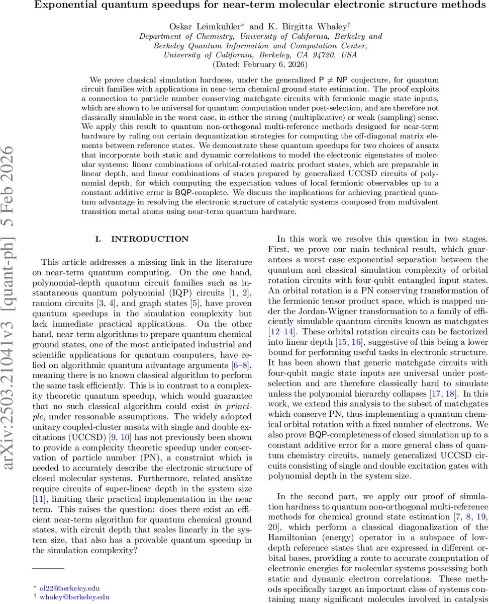 Exponential quantum speedups for near-term molecular electronic structure methods