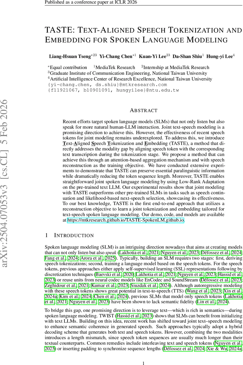 TASTE: Text-Aligned Speech Tokenization and Embedding for Spoken Language Modeling