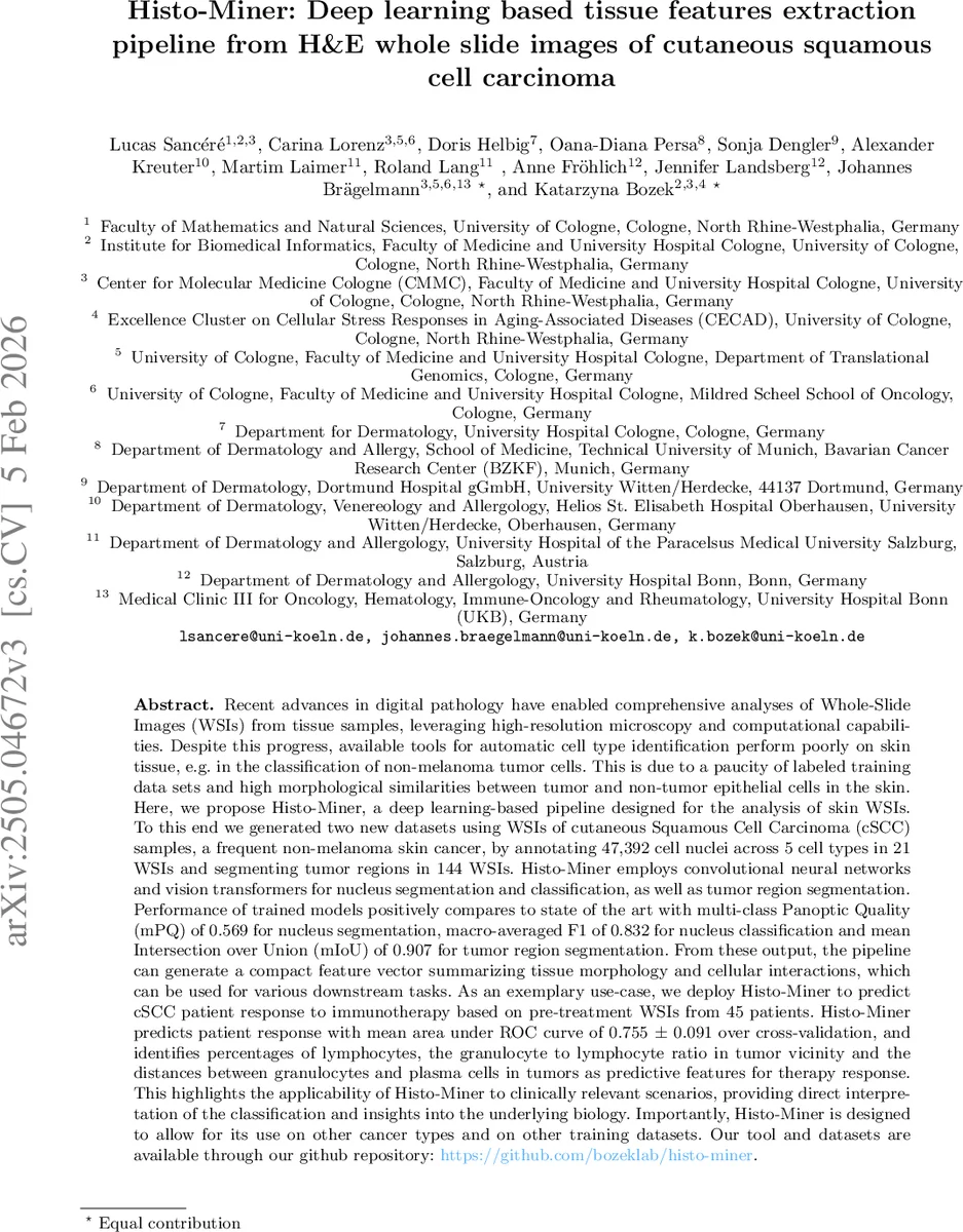Histo-Miner: Deep learning based tissue features extraction pipeline from H&E whole slide images of cutaneous squamous cell carcinoma
