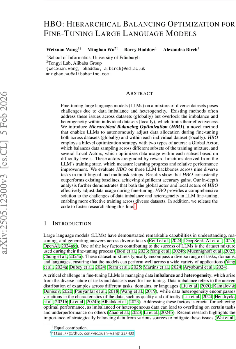 HBO: Hierarchical Balancing Optimization for Fine-Tuning Large Language Models