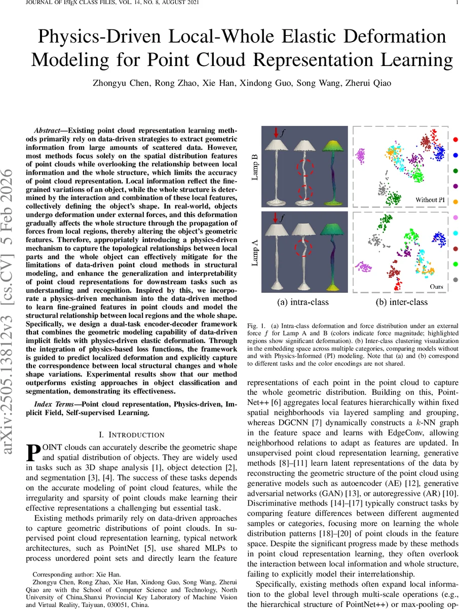 Physics-Driven Local-Whole Elastic Deformation Modeling for Point Cloud Representation Learning