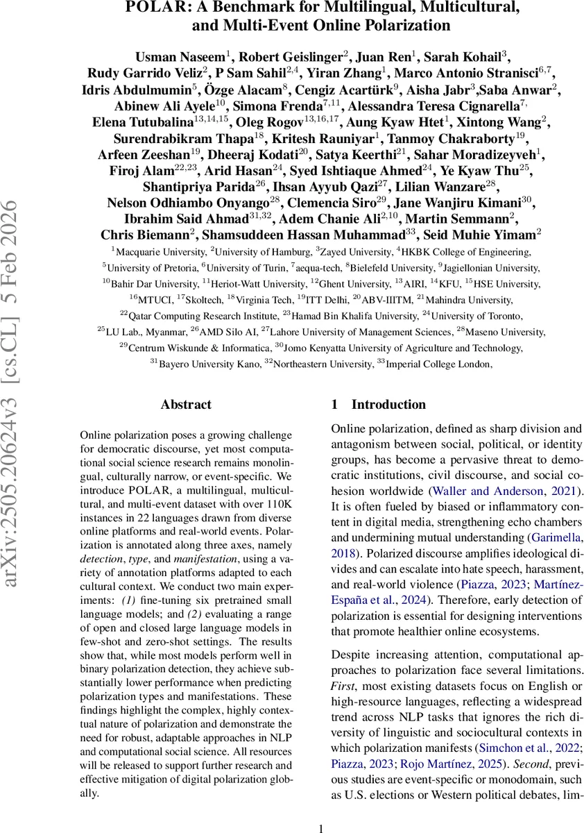 POLAR: A Benchmark for Multilingual, Multicultural, and Multi-Event Online Polarization
