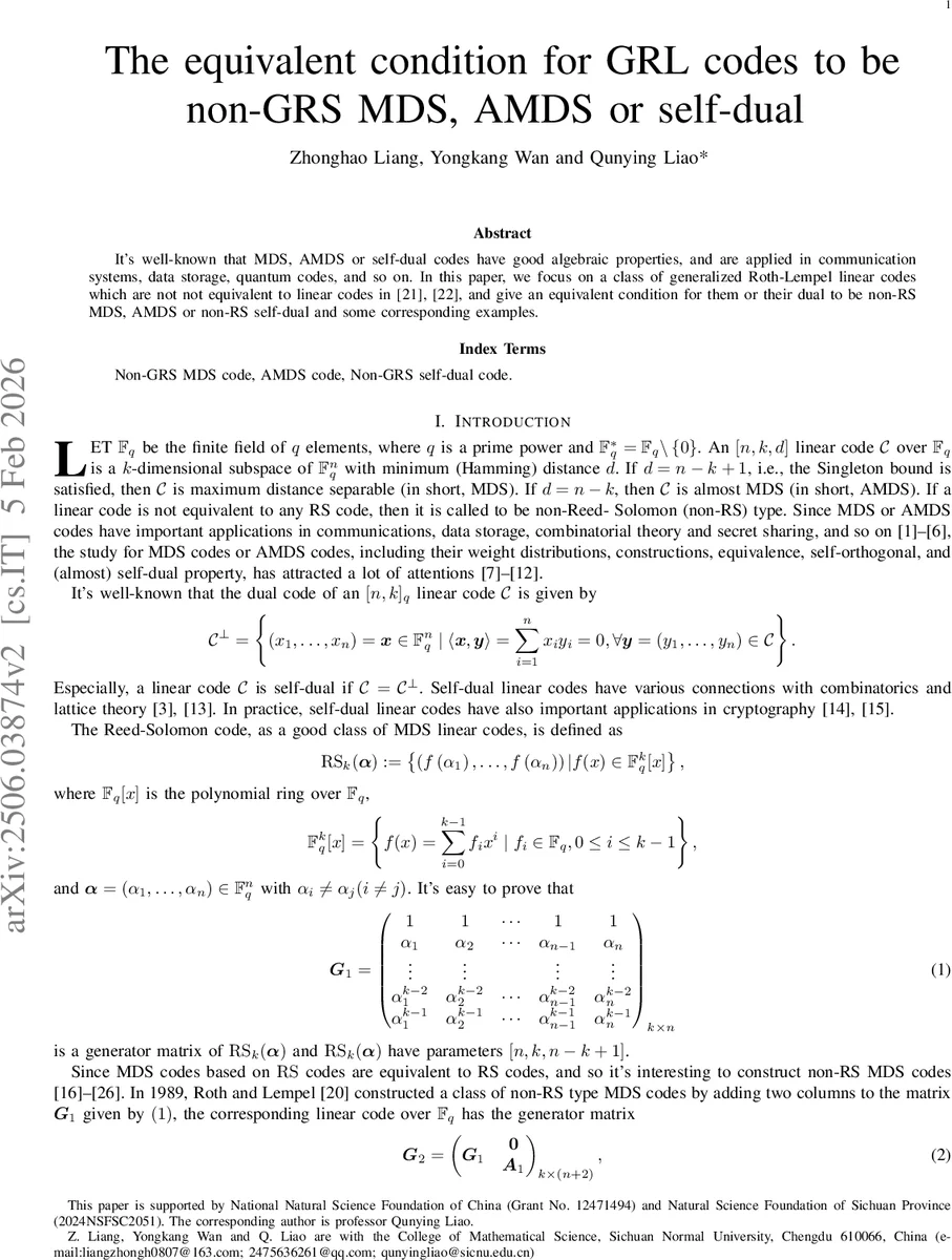 The equivalent condition for GRL codes to be MDS, AMDS or self-dual