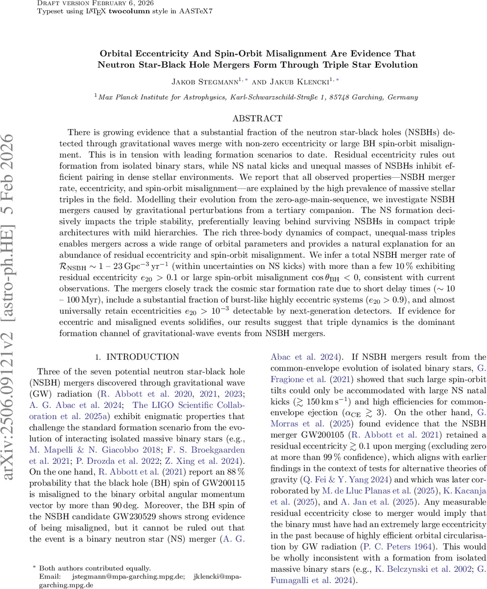 Orbital Eccentricity and Spin-Orbit Misalignment Are Evidence that Neutron Star-Black Hole Mergers Form through Triple Star Evolution