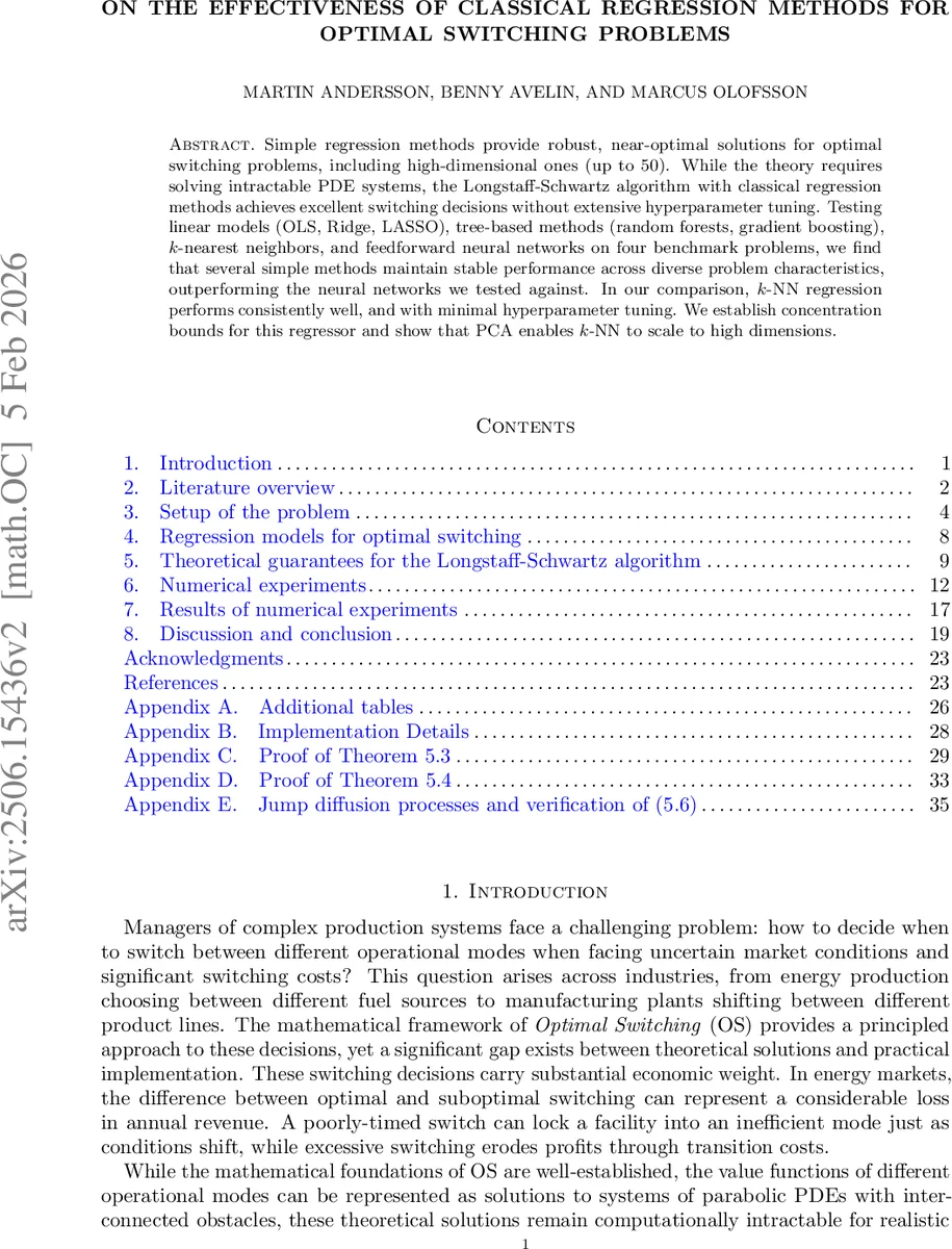 On the Effectiveness of Classical Regression Methods for Optimal Switching Problems