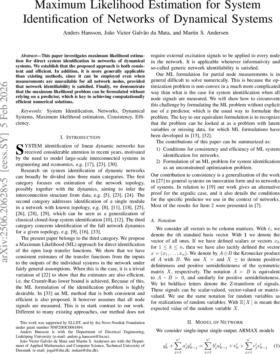 Maximum Likelihood Estimation for System Identification of Networks of Dynamical Systems