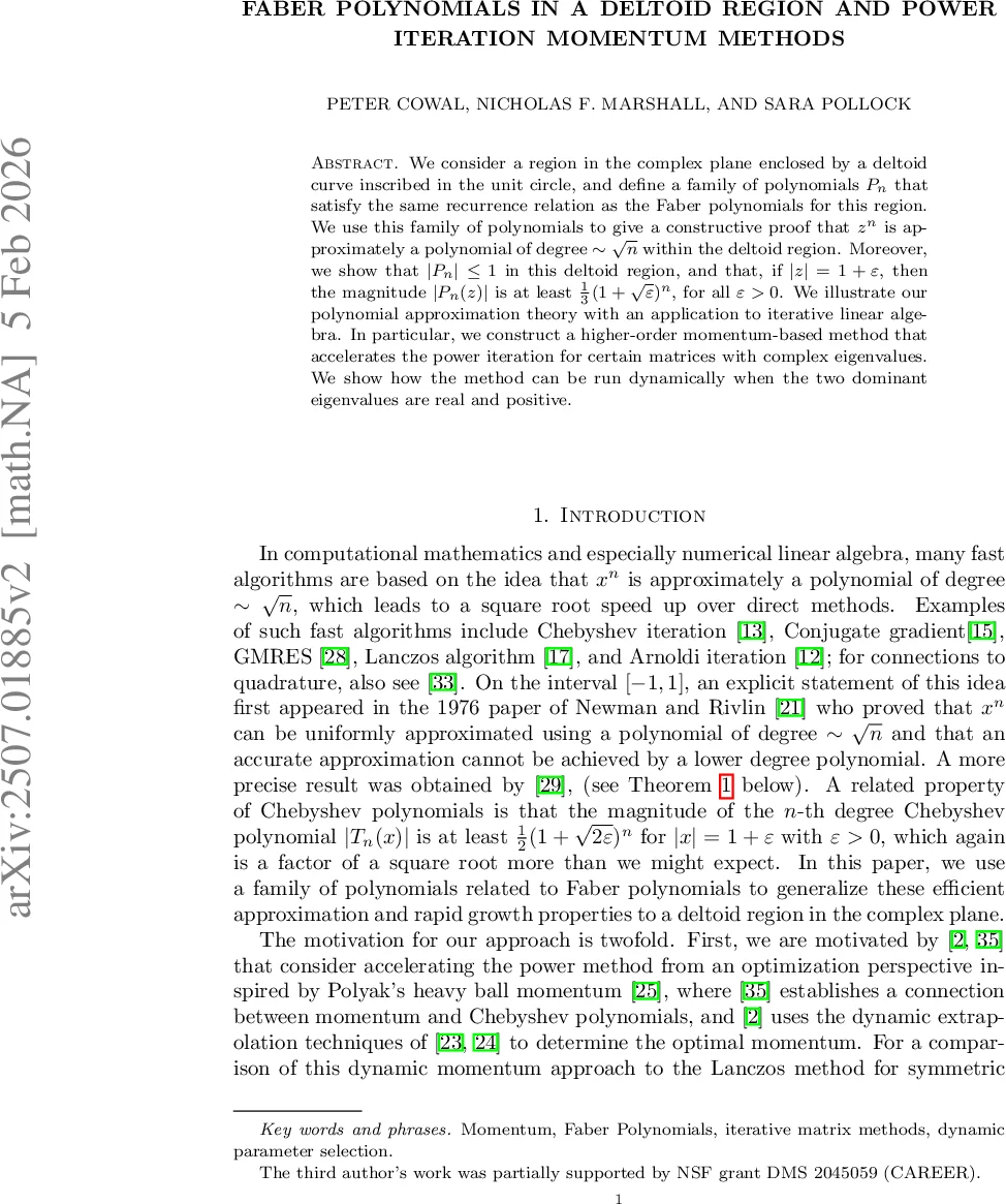 Faber polynomials in a deltoid region and power iteration momentum methods