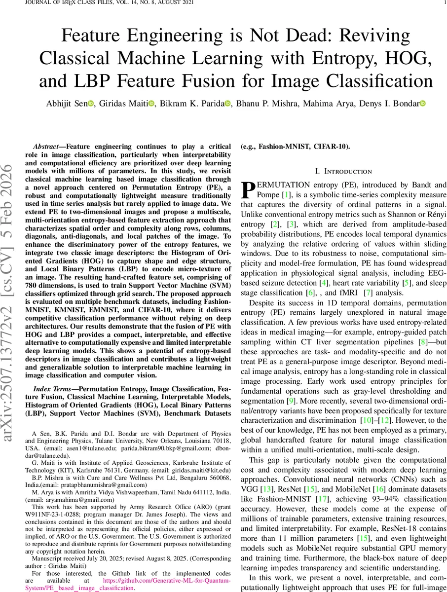 Feature Engineering is Not Dead: Reviving Classical Machine Learning with Entropy, HOG, and LBP Feature Fusion for Image Classification