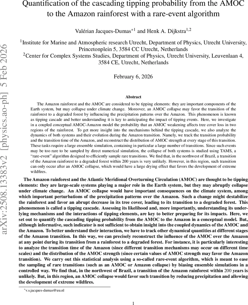Quantification of the cascading tipping probability from the AMOC to the Amazon rainforest