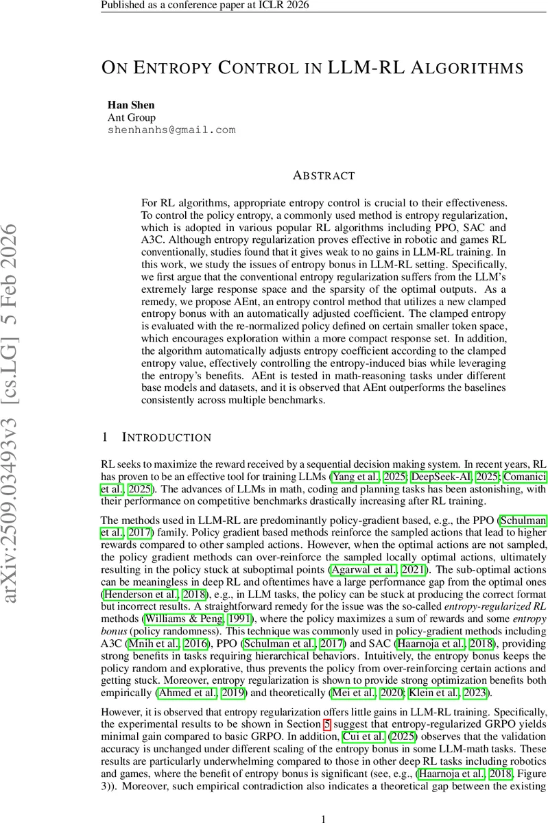 On Entropy Control in LLM-RL Algorithms