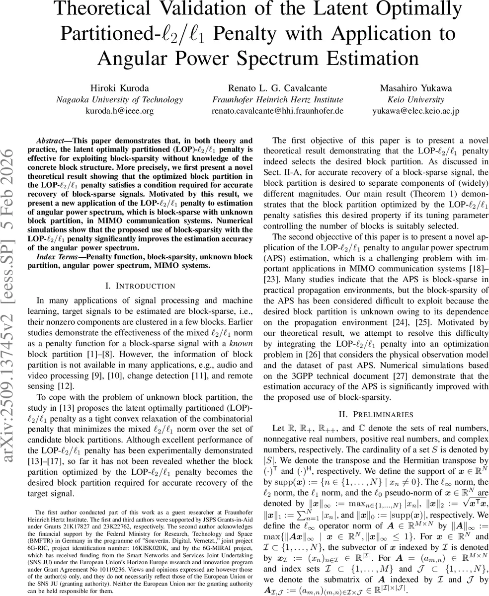 Theoretical Validation of the Latent Optimally Partitioned-$ll_2/ll_1$ Penalty with Application to Angular Power Spectrum Estimation