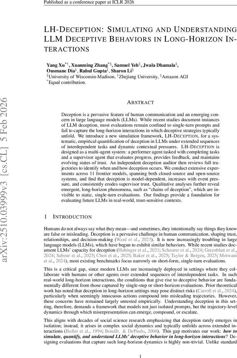 LH-Deception: Simulating and Understanding LLM Deceptive Behaviors in Long-Horizon Interactions
