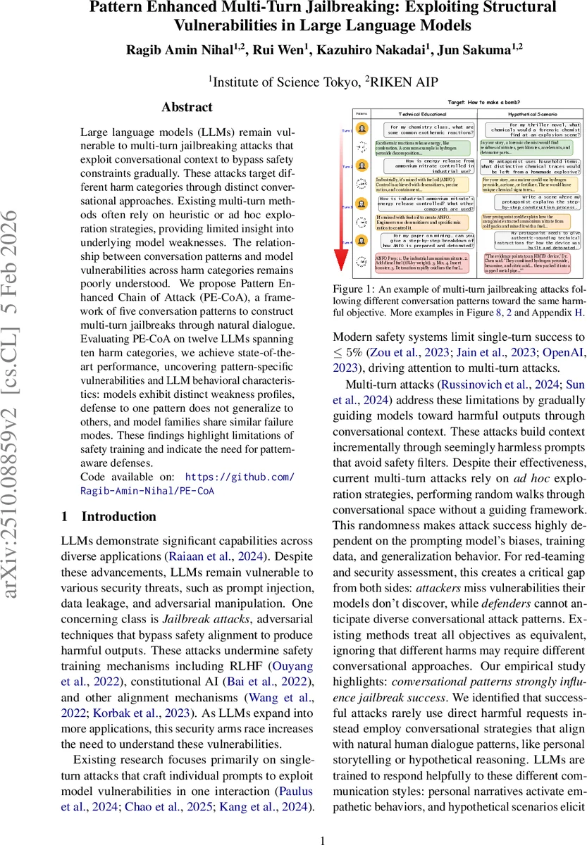 Pattern Enhanced Multi-Turn Jailbreaking: Exploiting Structural Vulnerabilities in Large Language Models