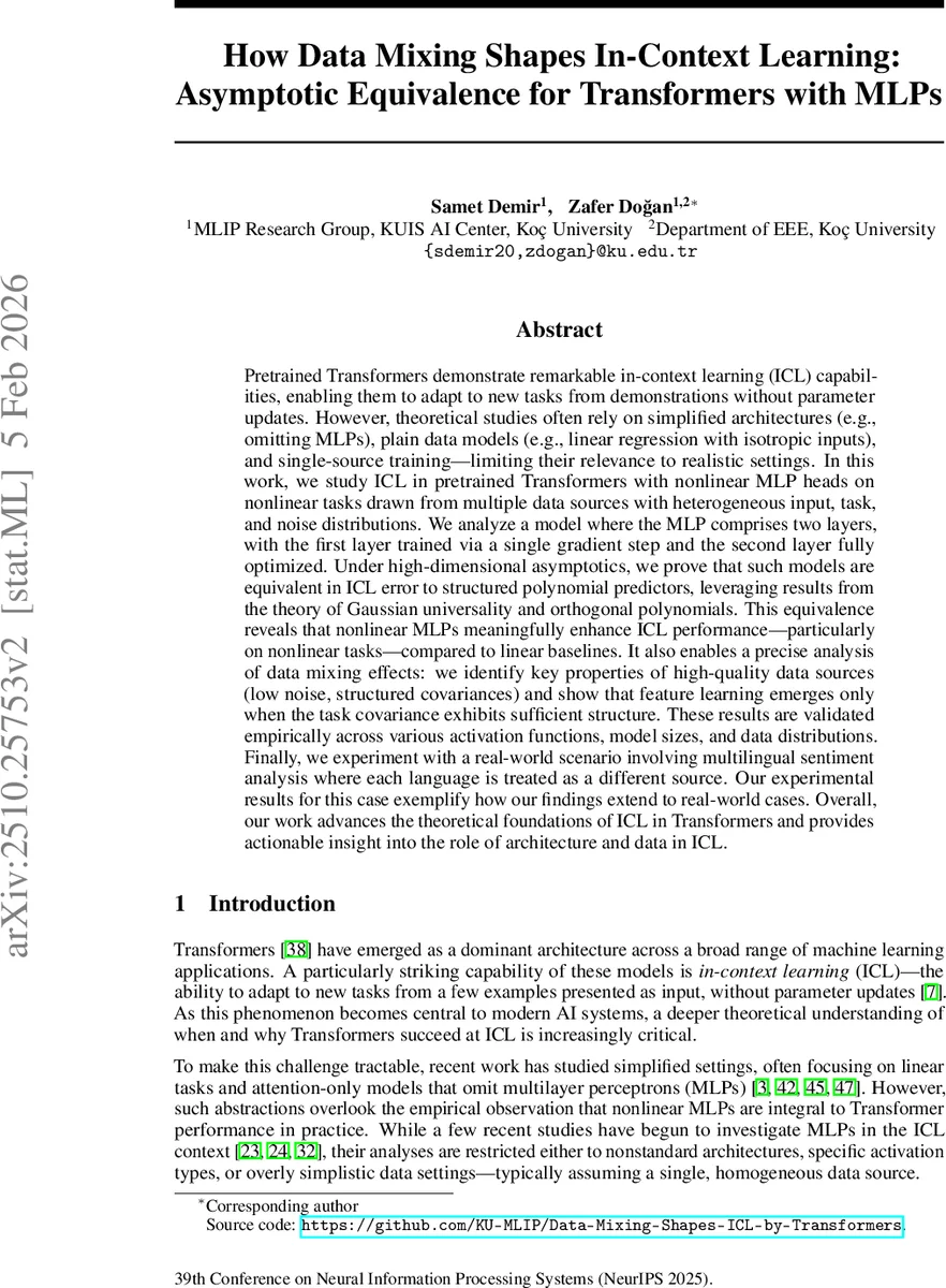 How Data Mixing Shapes In-Context Learning: Asymptotic Equivalence for Transformers with MLPs
