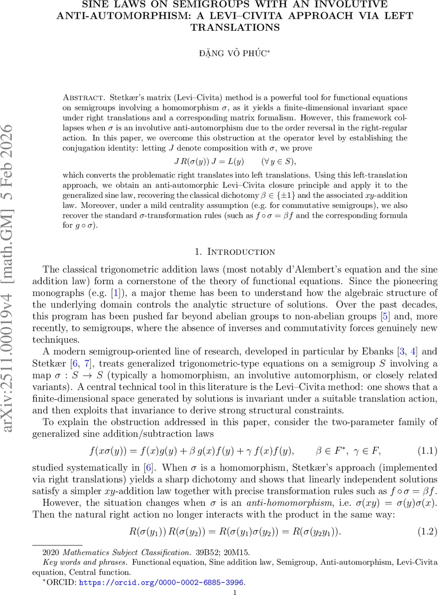 Sine laws on semigroups with an involutive anti-automorphism: A Levi--Civita approach via left translations