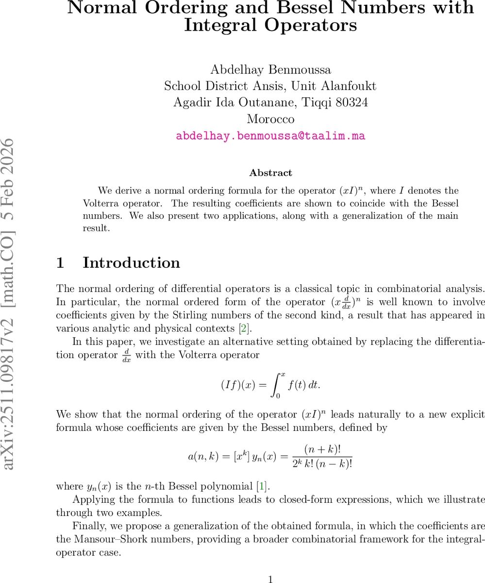 Normal Ordering and Bessel Numbers with Integral Operators