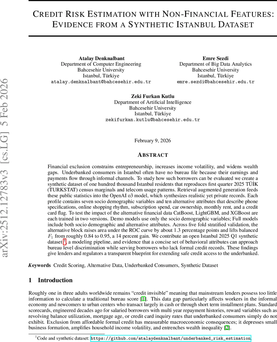 Credit Risk Estimation with Non-Financial Features: Evidence from a Synthetic Istanbul Dataset