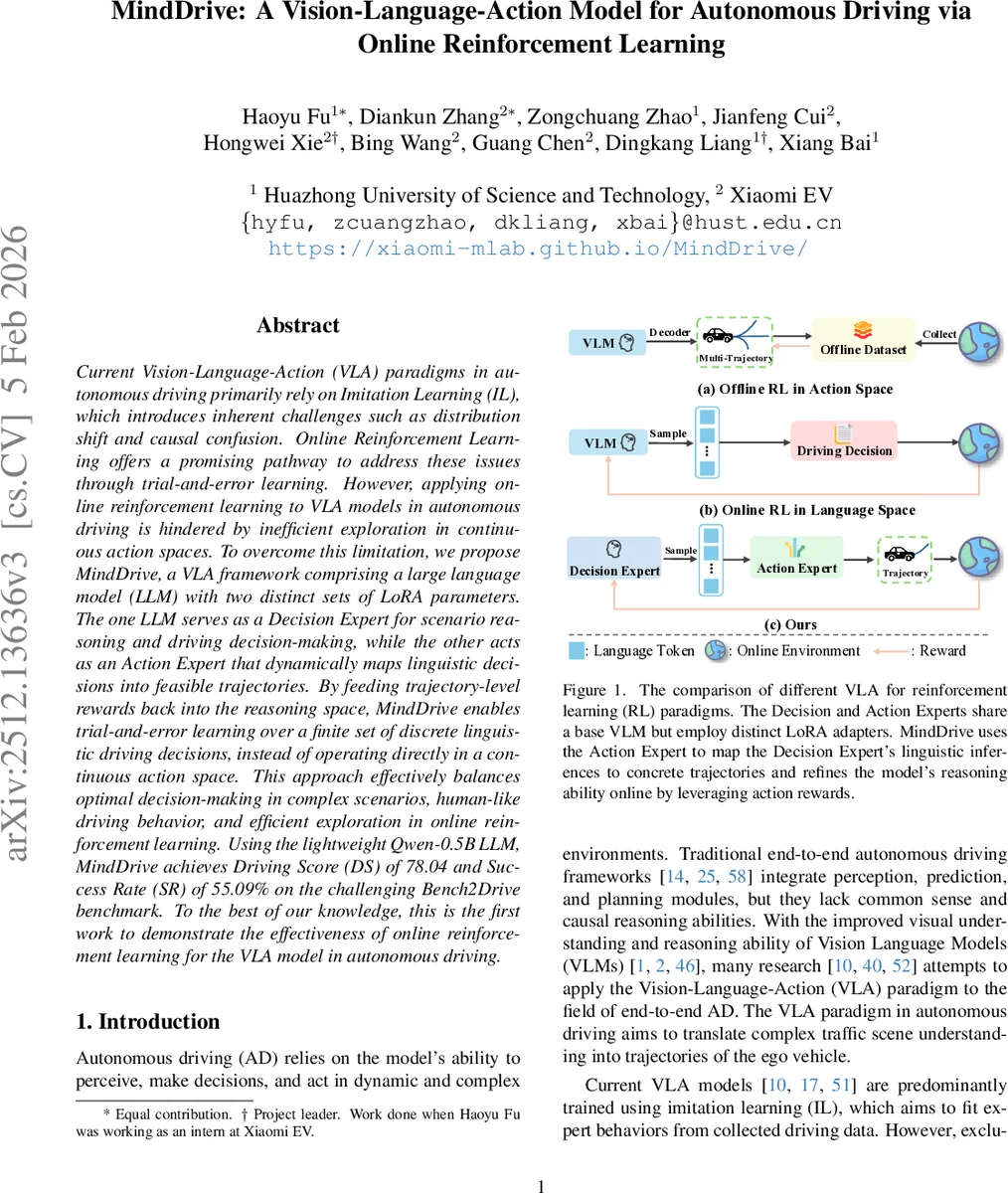 MindDrive: A Vision-Language-Action Model for Autonomous Driving via Online Reinforcement Learning