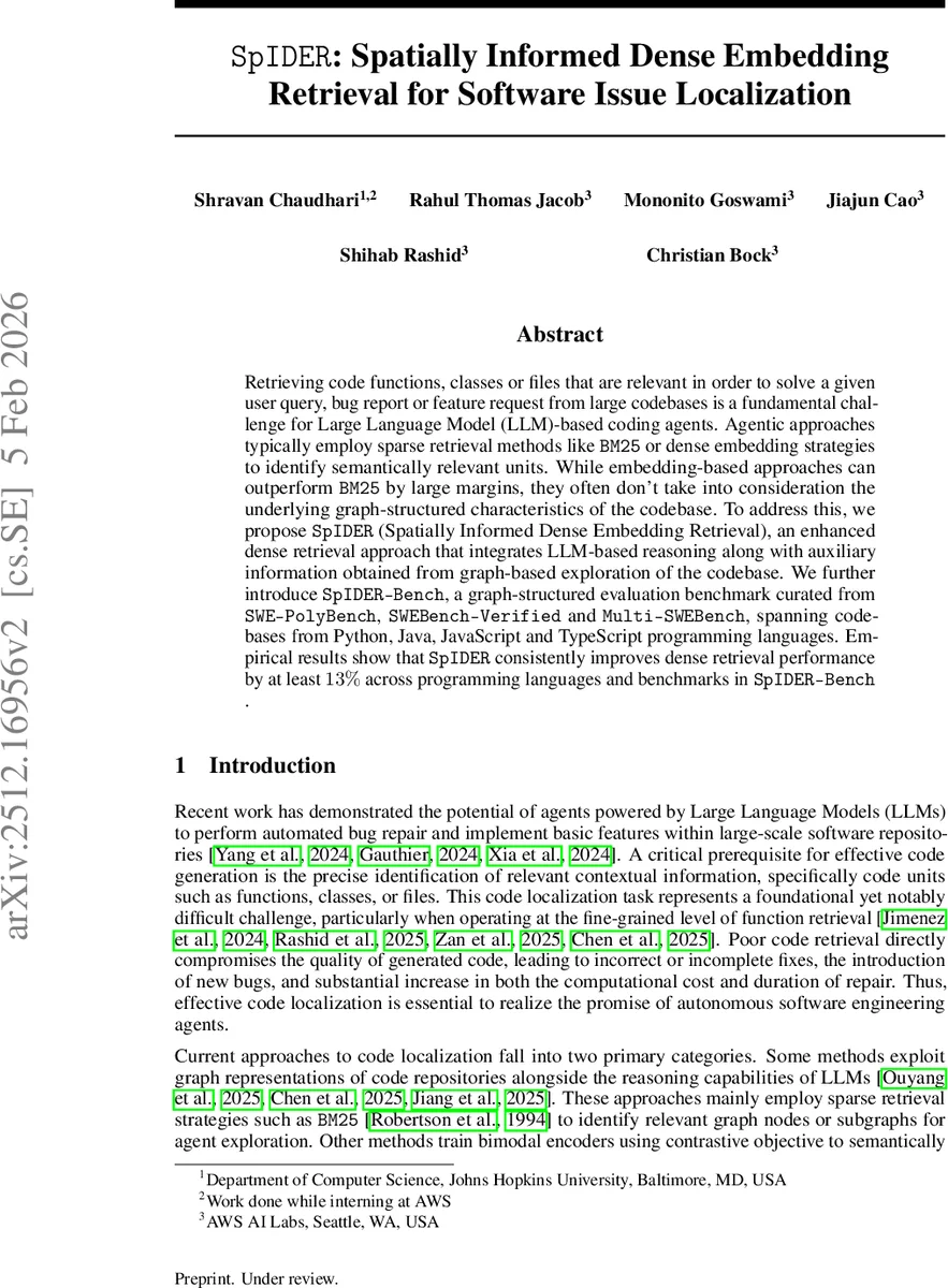 SpIDER: Spatially Informed Dense Embedding Retrieval for Software Issue Localization