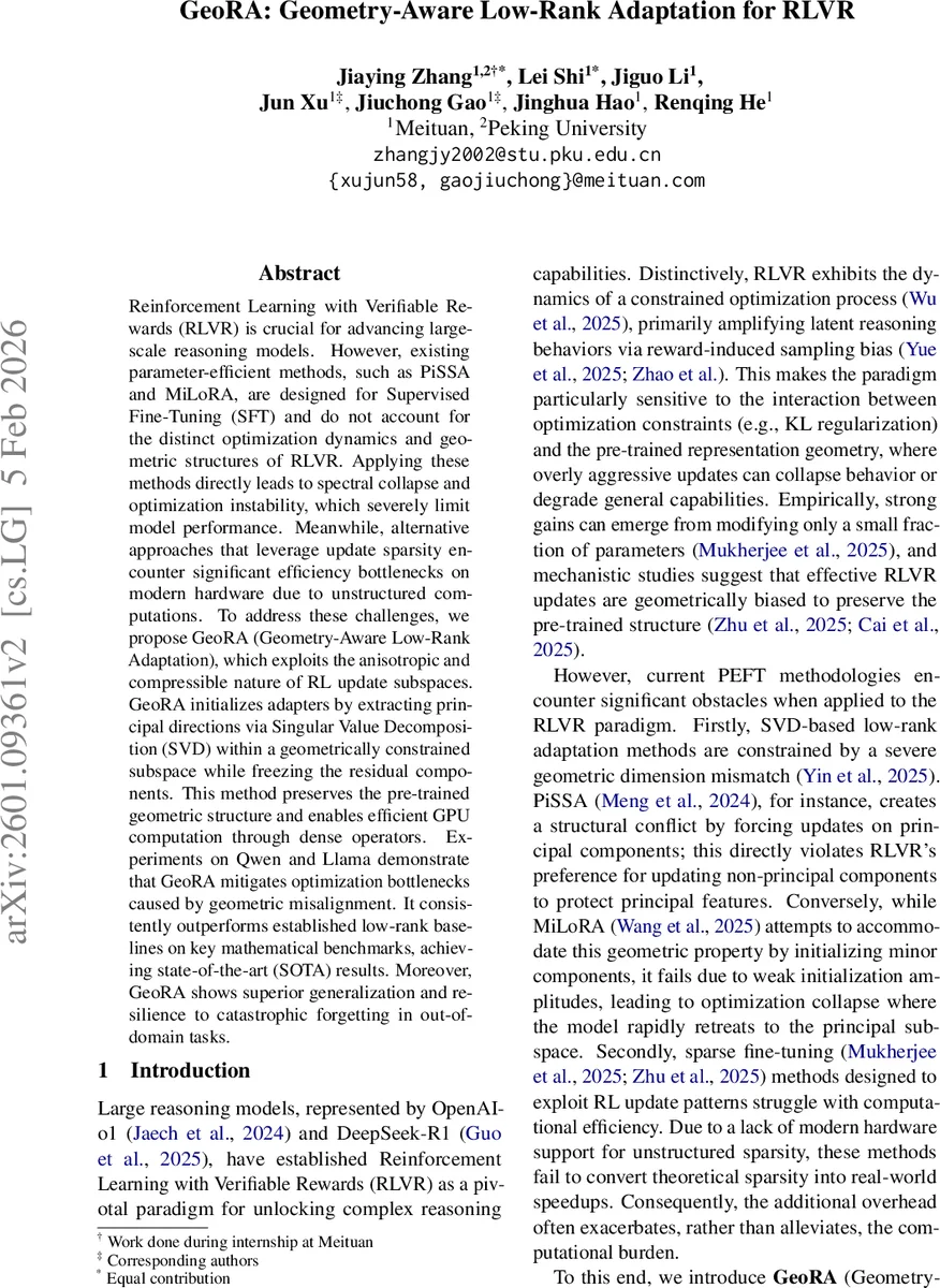 GeoRA: Geometry-Aware Low-Rank Adaptation for RLVR
