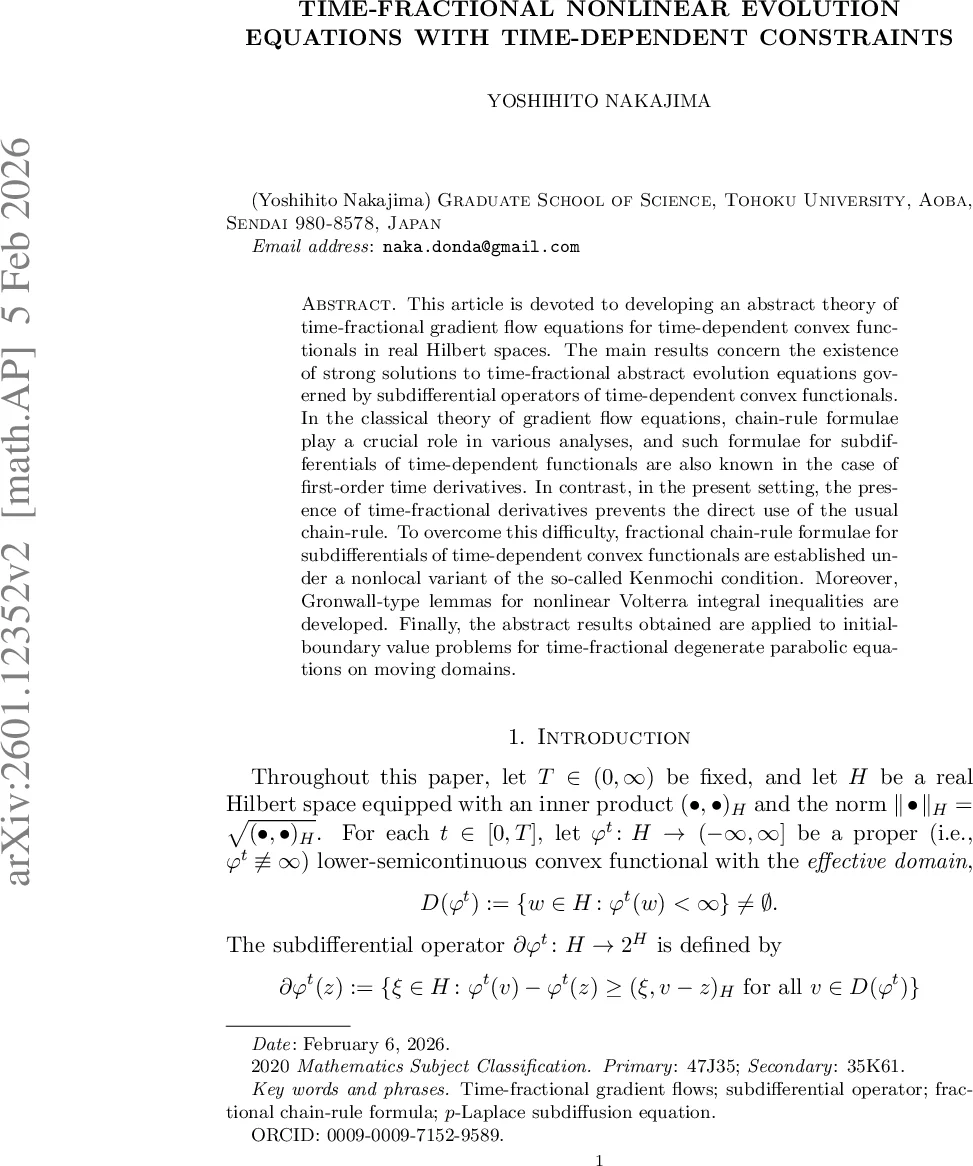 Time-fractional nonlinear evolution equations with time-dependent constraints