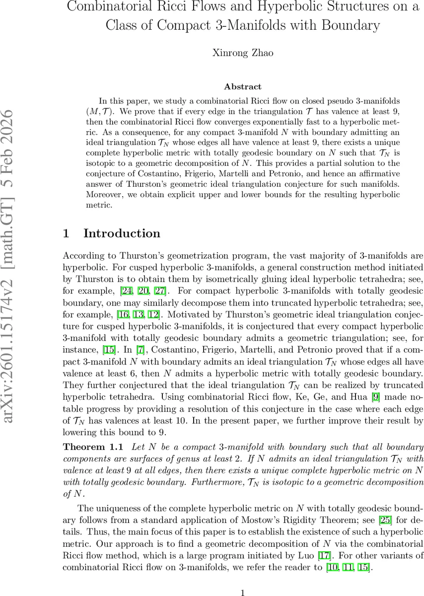 Combinatorial Ricci Flows and Hyperbolic Structures on a Class of Compact $3$-Manifolds with Boundary