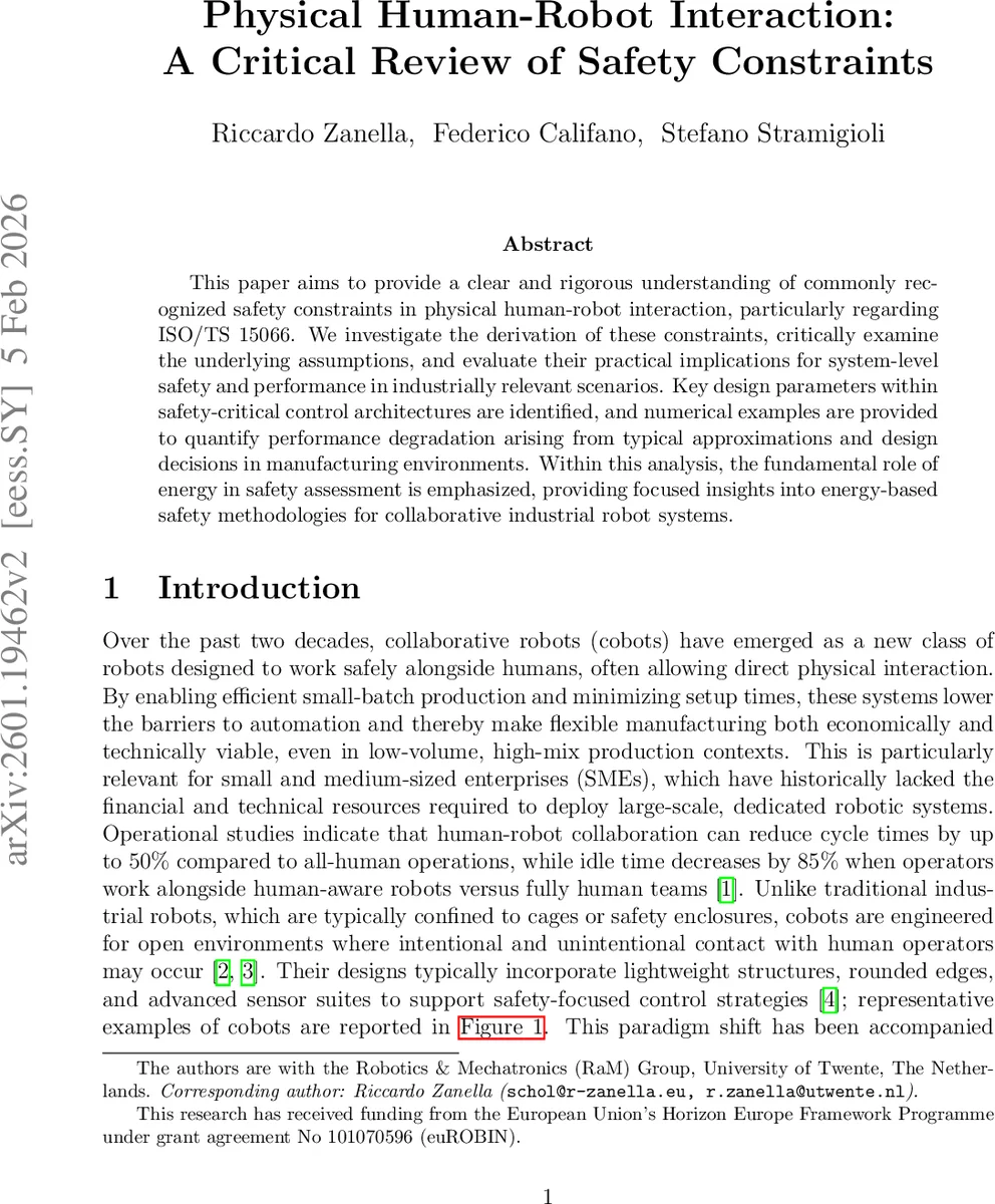 Physical Human-Robot Interaction: A Critical Review of Safety Constraints