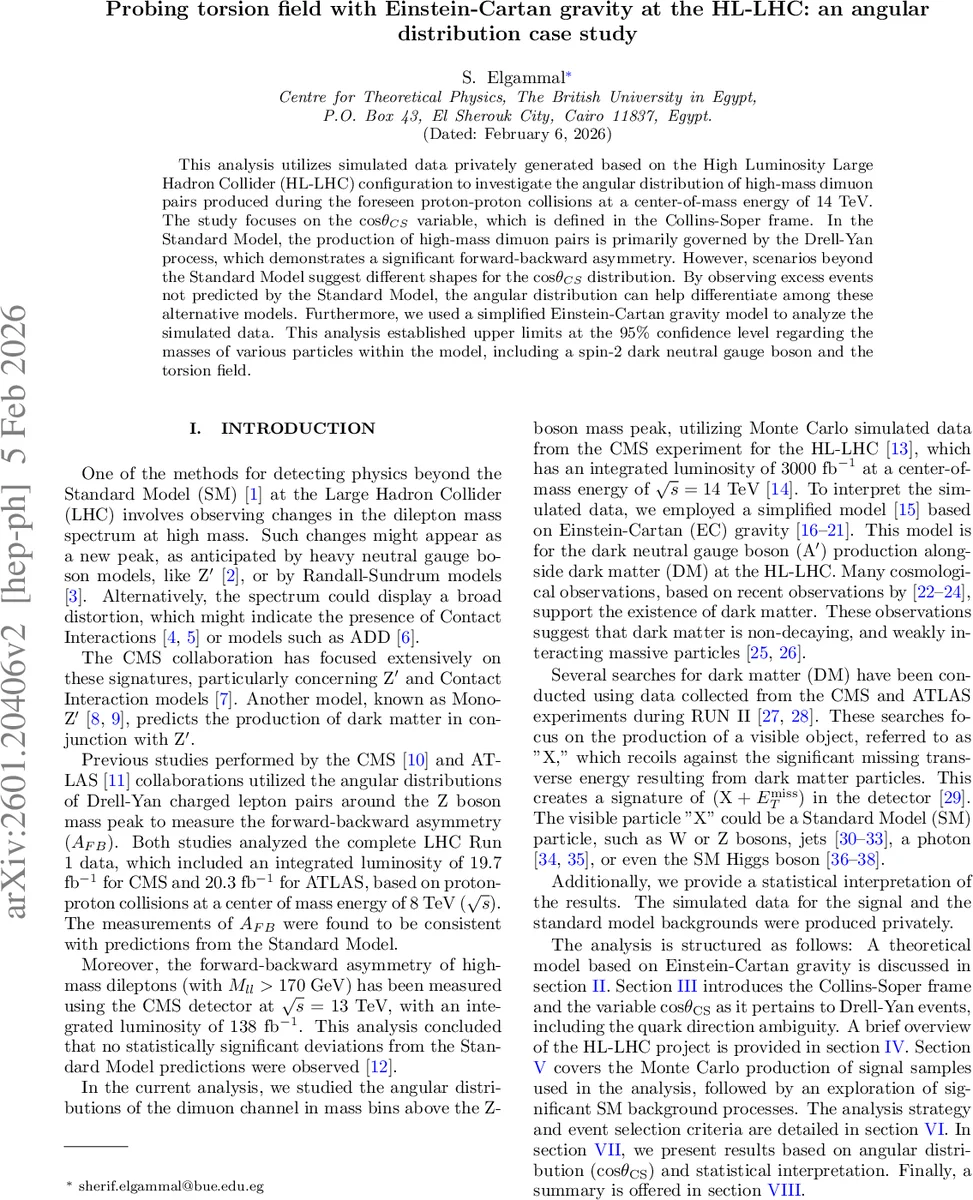 Probing torsion field with Einstein-Cartan gravity at the HL-LHC: an angular distribution case study