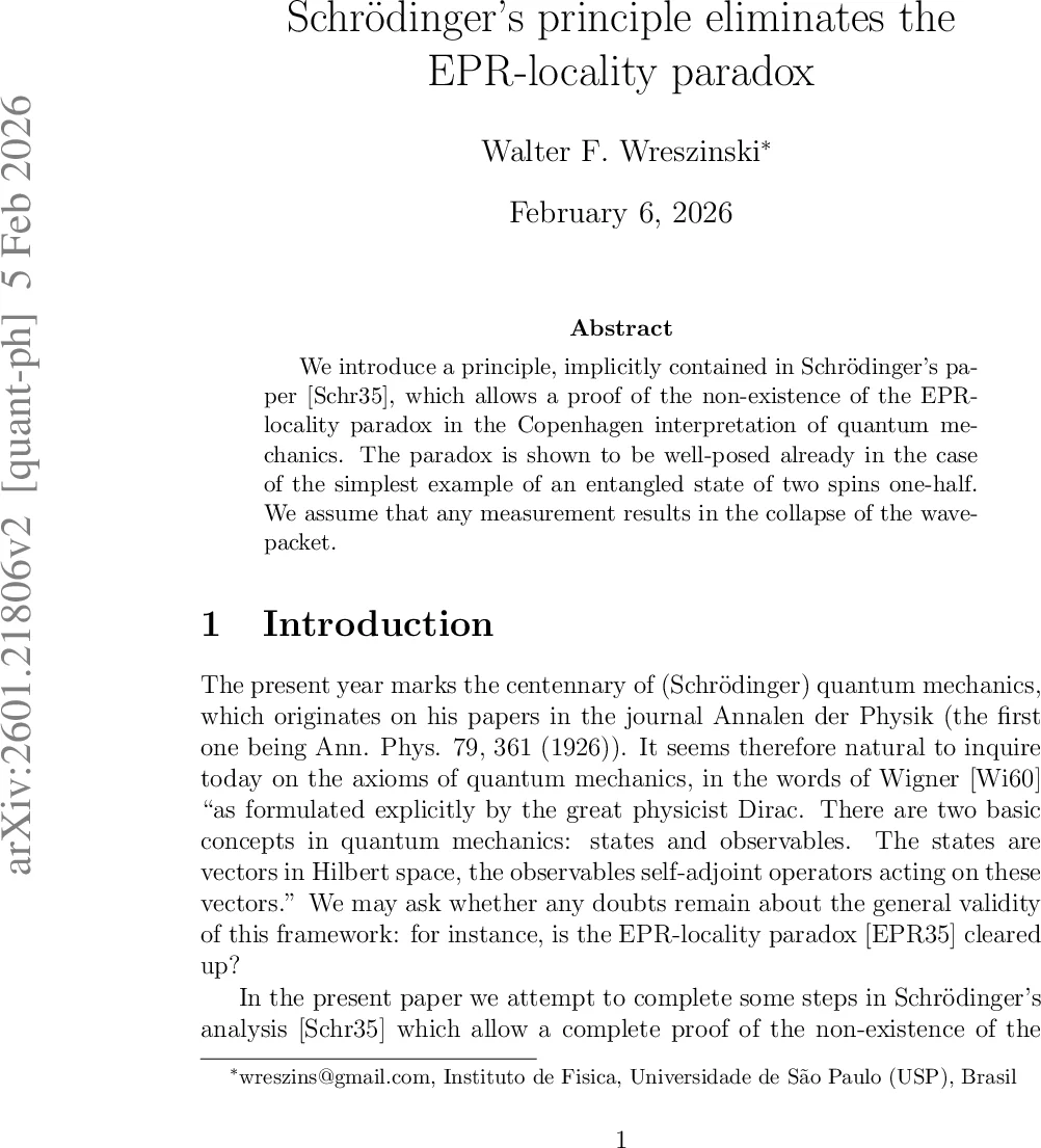 Schroedinger's principle eliminates the EPR-locality paradox